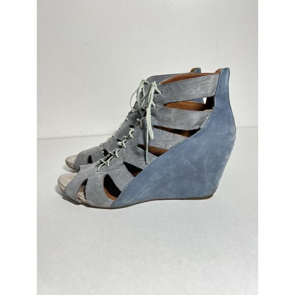 Gentle Souls EUC Blue Leather Maeko Lace Up Wedge Peep Toe Shoe Sandal 7.5 - Picture 1 of 6